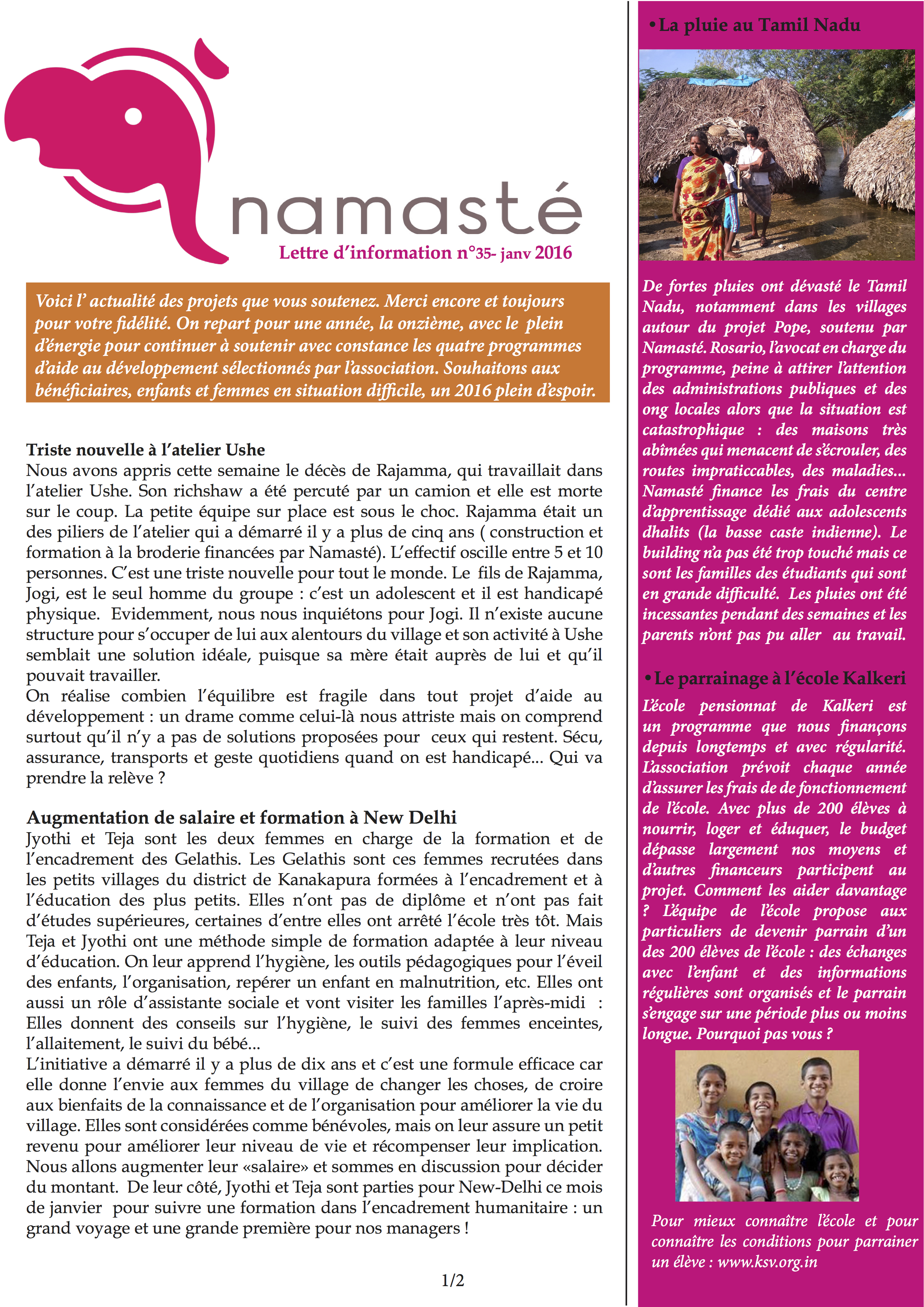 lettre Namasté n°35 janvier 2016
